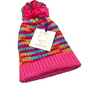 Little Girl’s Dark Neon Pink Ribbed Knit Beanie w/Pom Pom